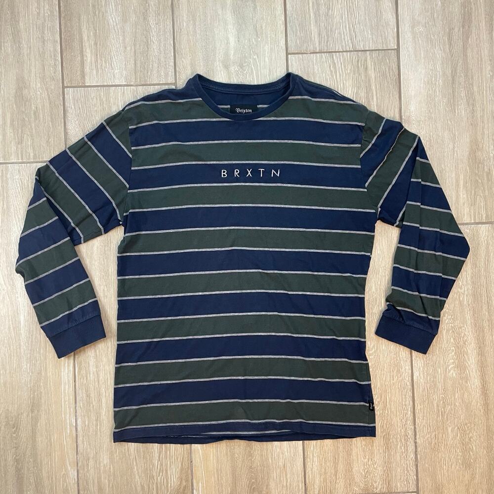 Brixton Striped Long Sleeve Shirt Men's Large Navy Green Cotton Crewneck BRXTN
